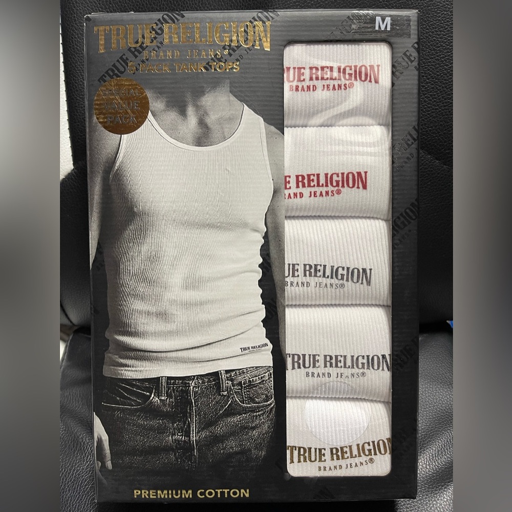 TRUE RELIGION 5-Pack Men's Logo Ribbed Tanks Tops White Size M